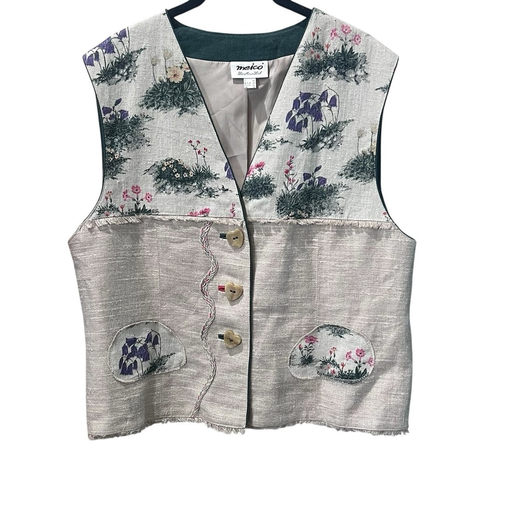 Meico Landhaus Look Beige Linen Floral Fringe Vest Cottagecore Size 16
